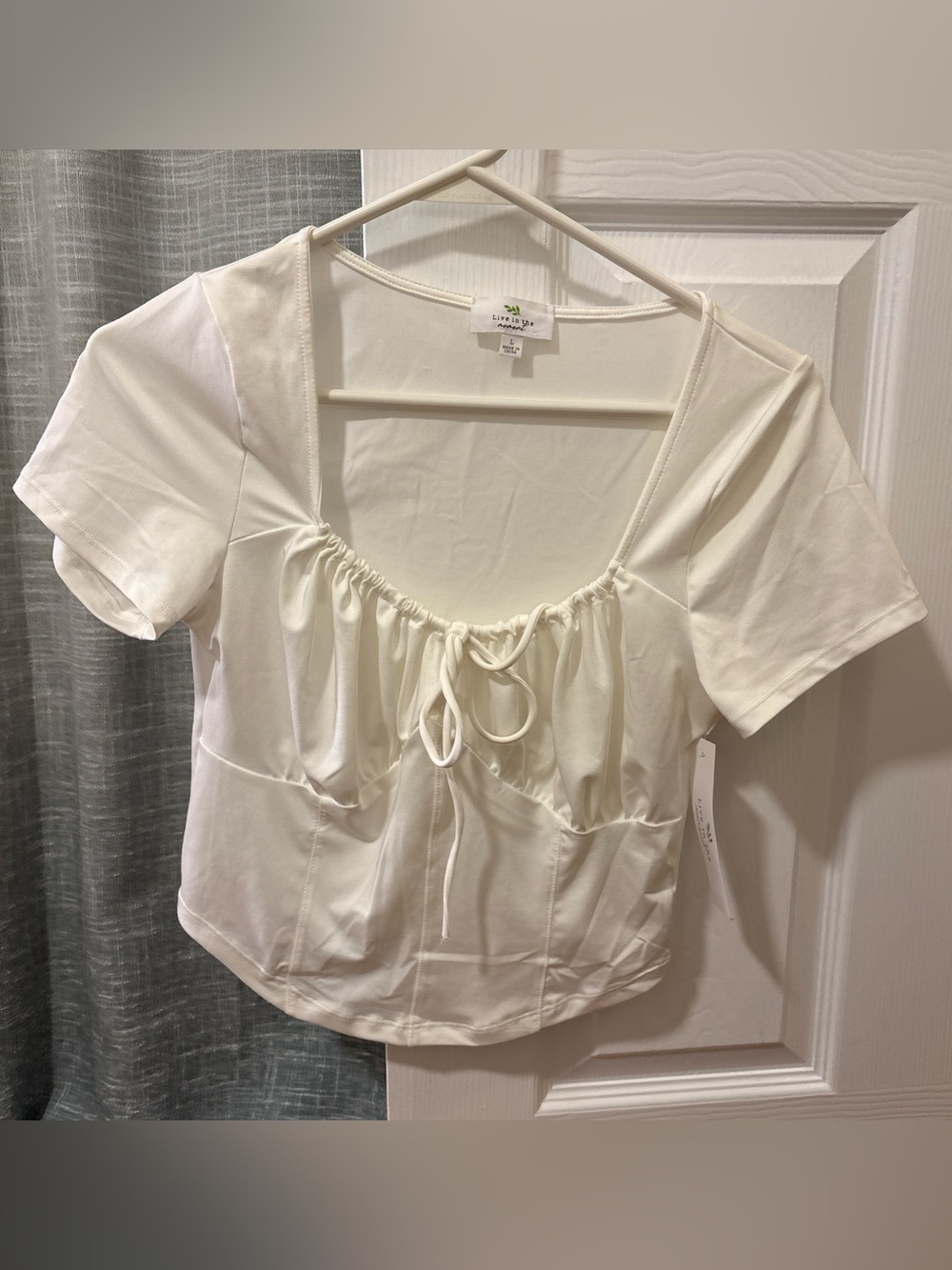Women's White Tie-Front Short Sleeve Corset Crop Top